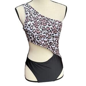Leopard Print One Shoulder Monokini Cutout Colorblock One Piece Swimsuit M
